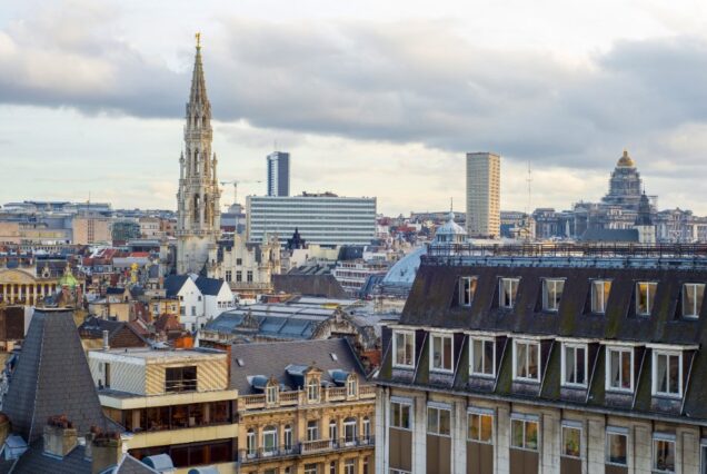 Brussels skyline with Grand Place town hall spire, Belgium