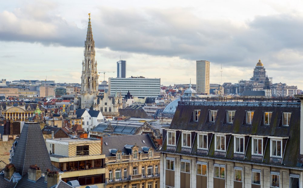 Brussels skyline with Grand Place town hall spire, Belgium