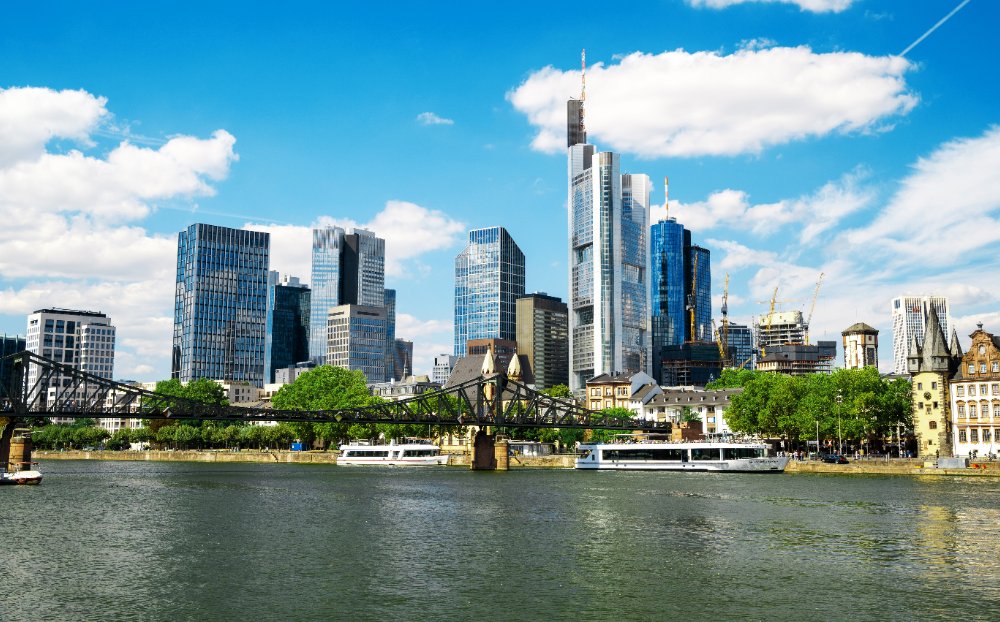 Frankfurt skyline and skyscrapers along the Main river, Germany