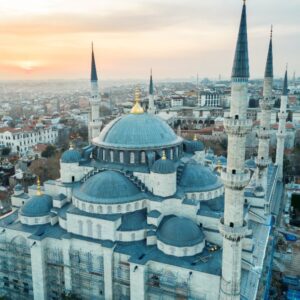 Aerial view of the Blue Mosque at sunset, Istanbul, Turkey