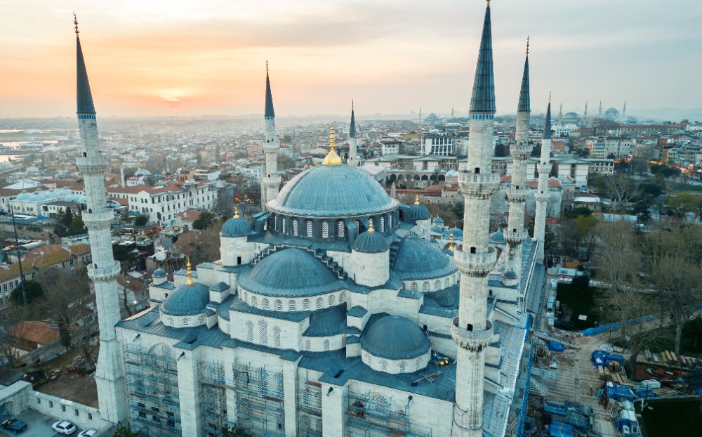 Aerial view of the Blue Mosque at sunset, Istanbul, Turkey
