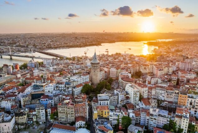 Istanbul skyline with Galata Tower and Golden Horn at sunset, Turkey