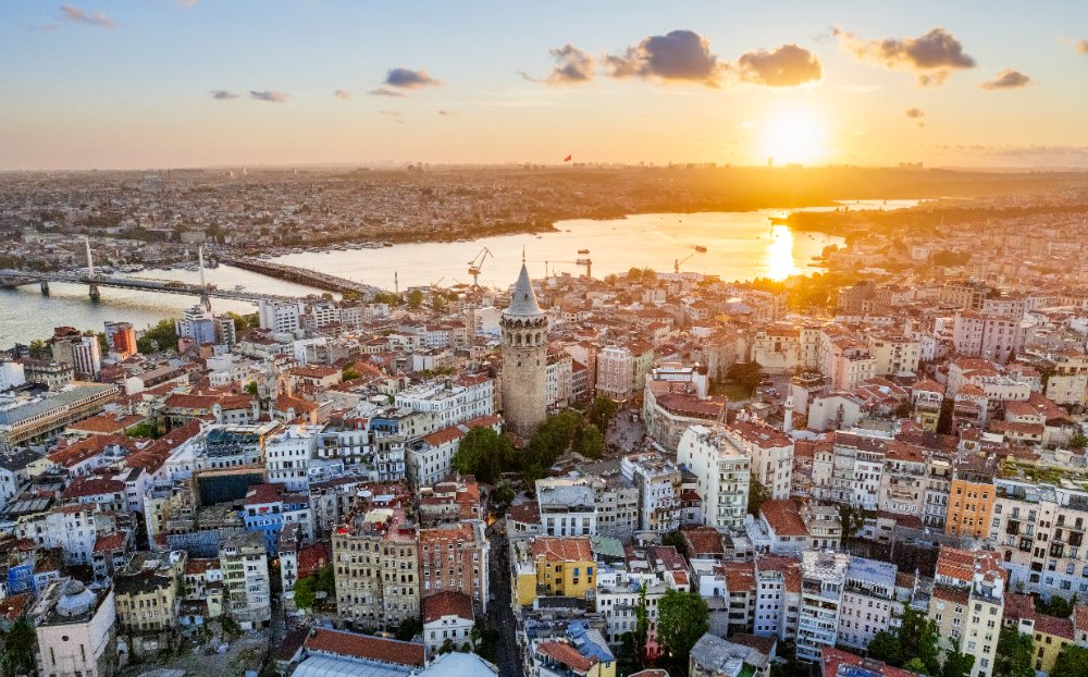 Istanbul skyline with Galata Tower and Golden Horn at sunset, Turkey