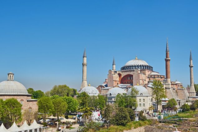 Hagia Sophia and minarets under blue sky, Istanbul, Turkey
