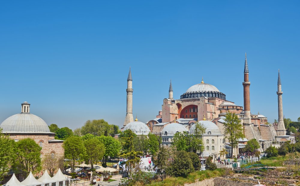Hagia Sophia and minarets under blue sky, Istanbul, Turkey