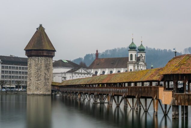 Lucerne Chapel Bridge and Water Tower over the river, Switzerland