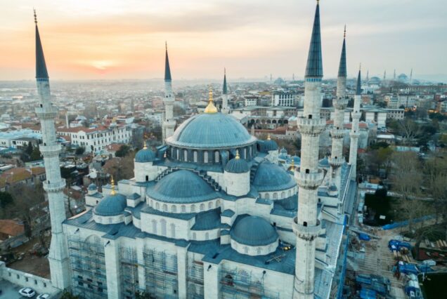 Blue Mosque Istanbul aerial sunset